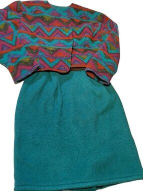 Vintage 1990s Skirt Suit Jacket S Teal Maroon Geometric Retro Gorpcore Fleece